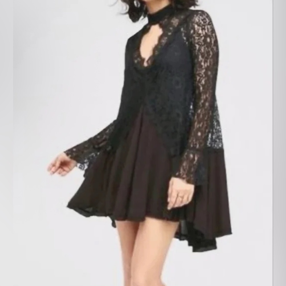 Free People Black Lace Long-Sleeve Mini Dress - Picture 2 of 9
